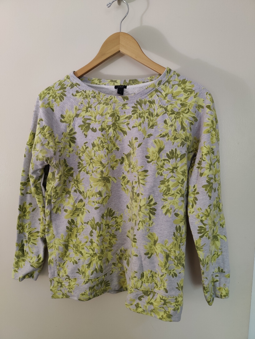 J Crew Light Gray Floral Crewneck Sweatshirt in Yellow and Olive Green